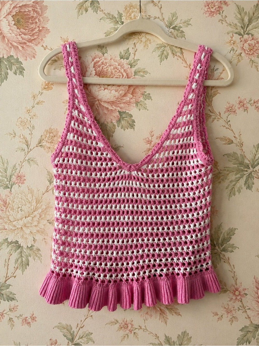 Pink Crochet Ruffle-Hem Tank Top